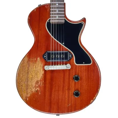 Rock ’n Roll Relics Thunders SC in Cherry, close-up of the relic-worn body and P-90 pickup